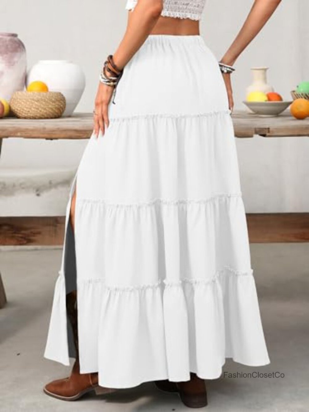 Boho A-Line Elastic Waist Maxi Skirt with Pockets - Flowy Rayon Blend Long Skirt - Picture 3 of 7